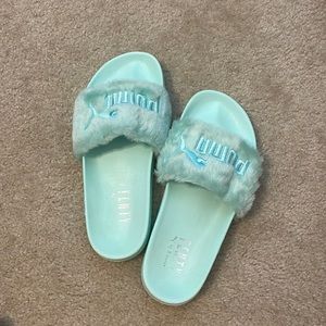 NWOT Fenty Puma Fur Slides, light blue, women’s size 8.5